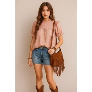 Anthropologie MINE Boho Smocked Ruffle Puff‎ Sleeve Blouse Pink Dot size L